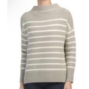New Vince Boiled Cashmere Funnel Neck Sweater In Gray White Stripe Size XS $448